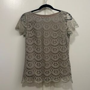 Sabine Lace Overlay Layered Short Sleeve champagne shimmery top, size small